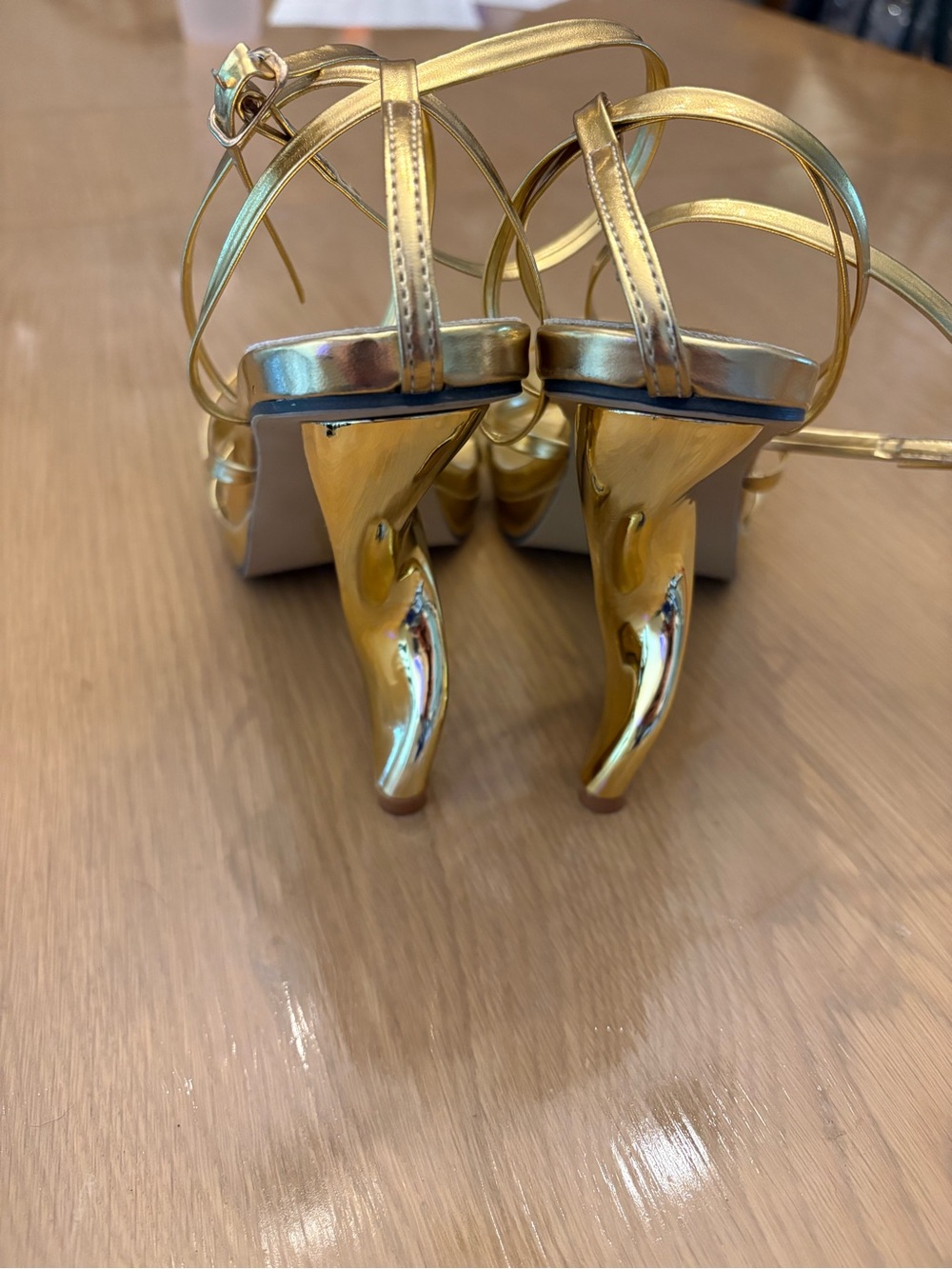 Gold Strappy Platform with Sculptural High-Heel Sandals - Picture 4 of 8